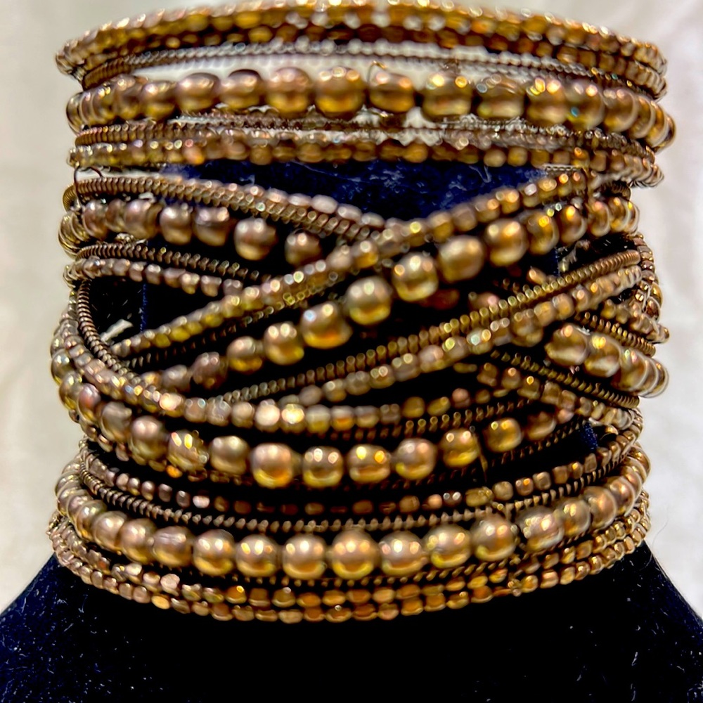 Bali boho hippie bronze tone and glass cuff bracelet with dangles. Pre owned.